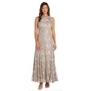 R&M Richards Womens Sequined Lace Gown Dress Sheer Inserts Champagne Size 6 NWT